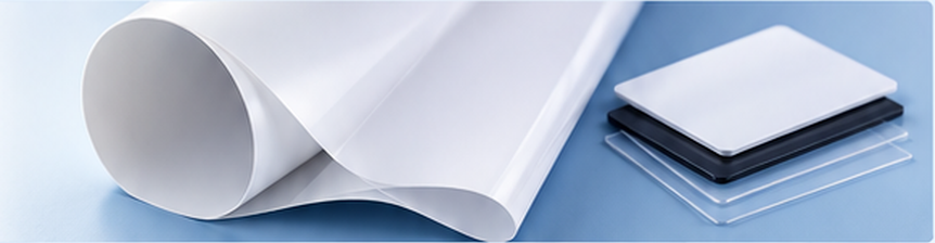 Curled white PVC sheet beside white, black and transparent core samples
